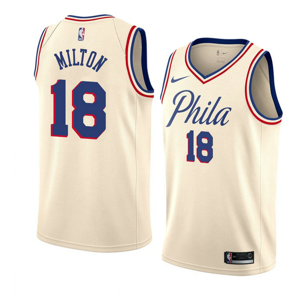 Camiseta baloncesto Shake Milton 18 Ciudad 2018 Crema Philadelphia 76ers Hombre
