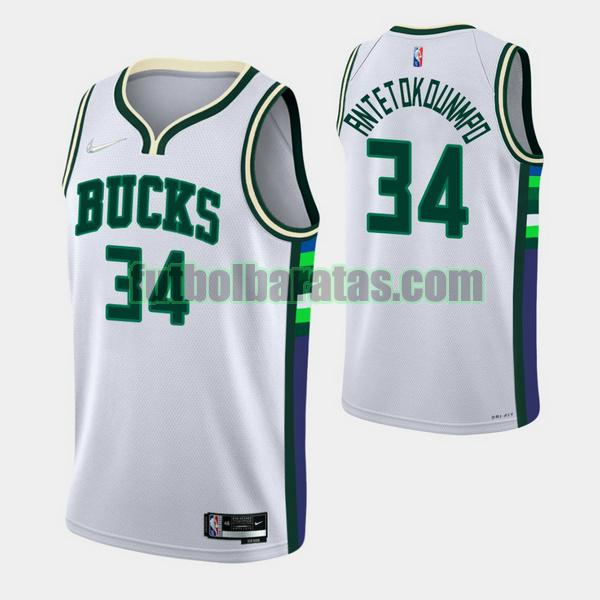 camiseta 2021-2022 giannis antetokounmpo 34 milwaukee bucks blanco hombre