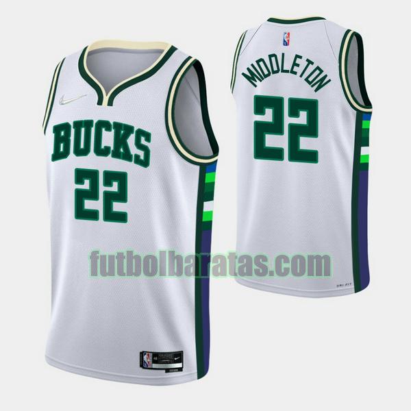 camiseta 2021-2022 khris middleton 22 milwaukee bucks blanco hombre