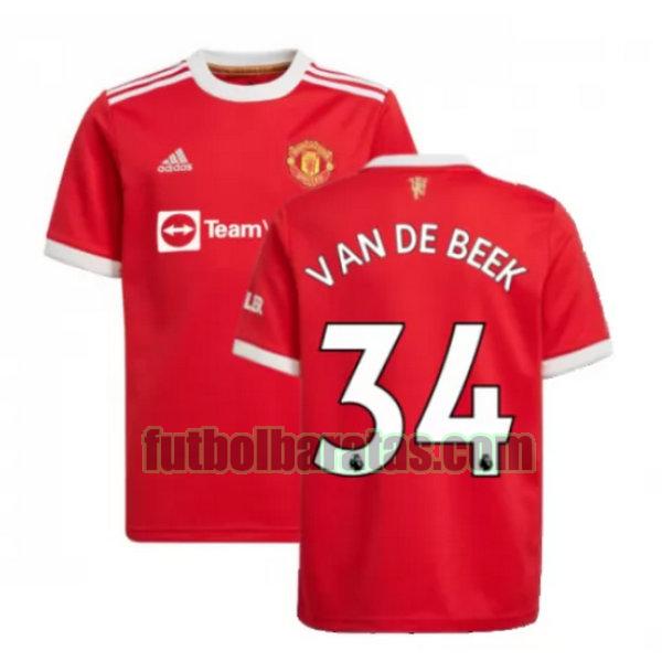 camiseta van de beek 34 manchester united 2021 2022 rojo primera
