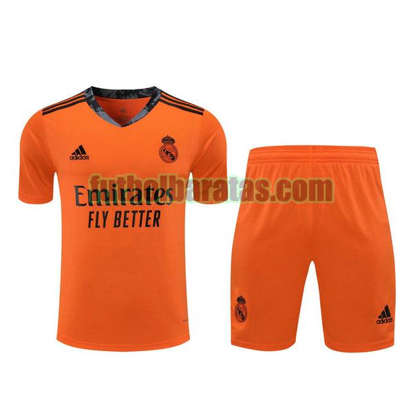 camisetas+pantalones cortos real madrid 2021 naranja portero