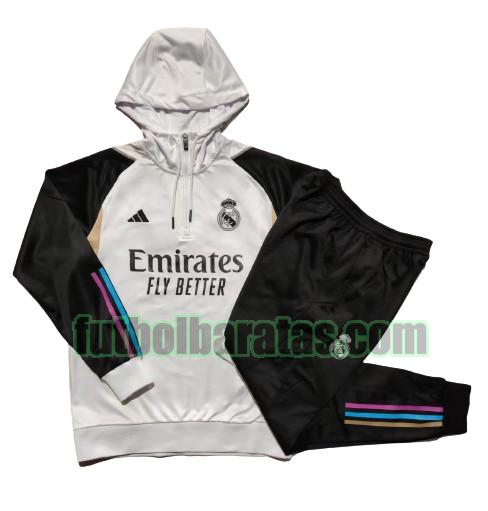 chandal niño real madrid 2023 2024 hooded blanco negro conjunto